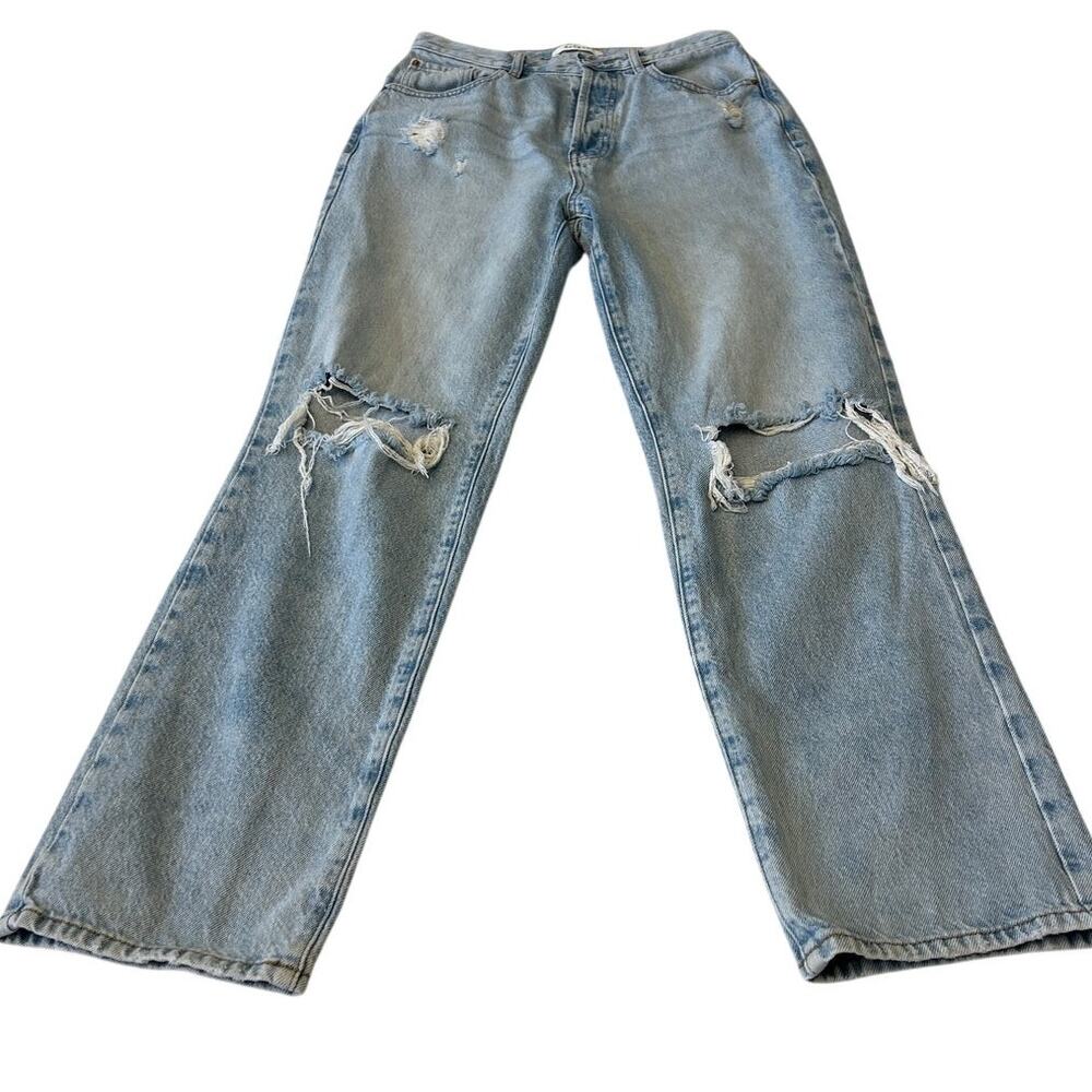 Pacsun Women's High Rise Straight Jeans Sz 28 Blue Button Fly Distressed Y2K